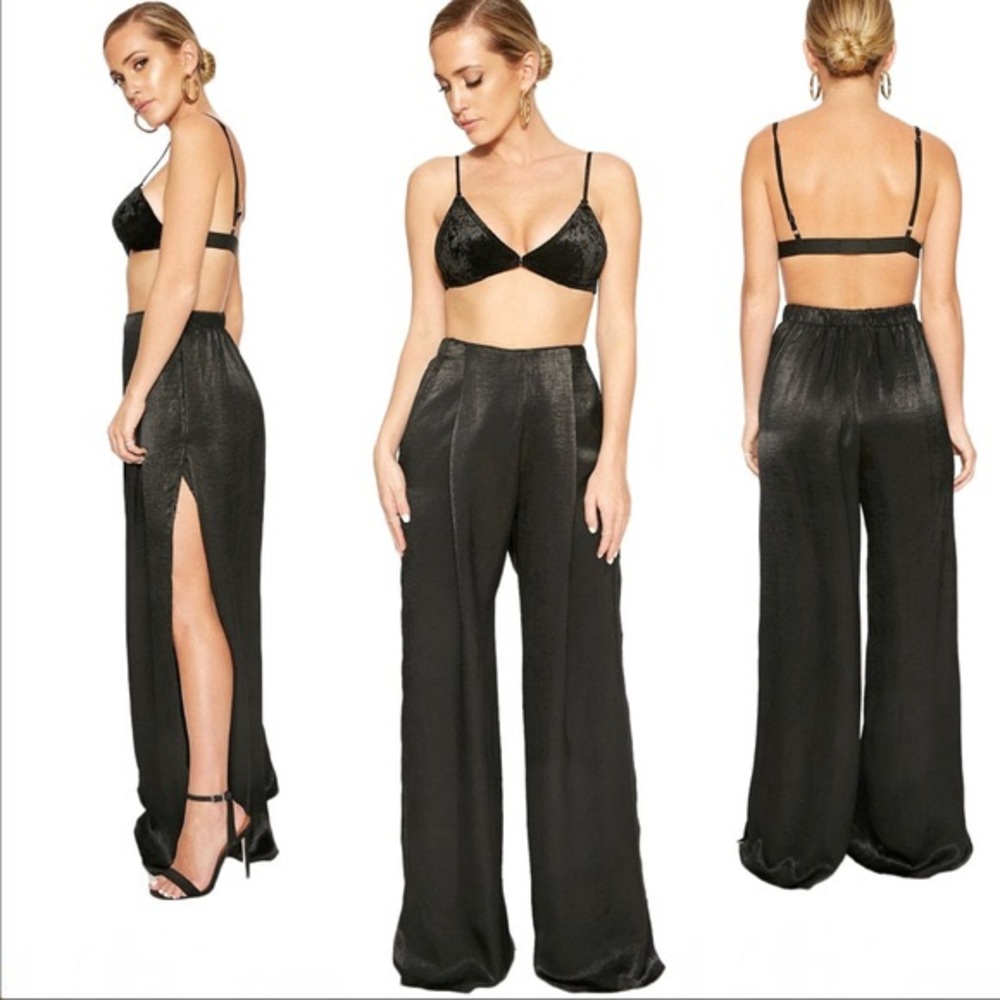 Naked wardrobe satin wide leg pant with side split